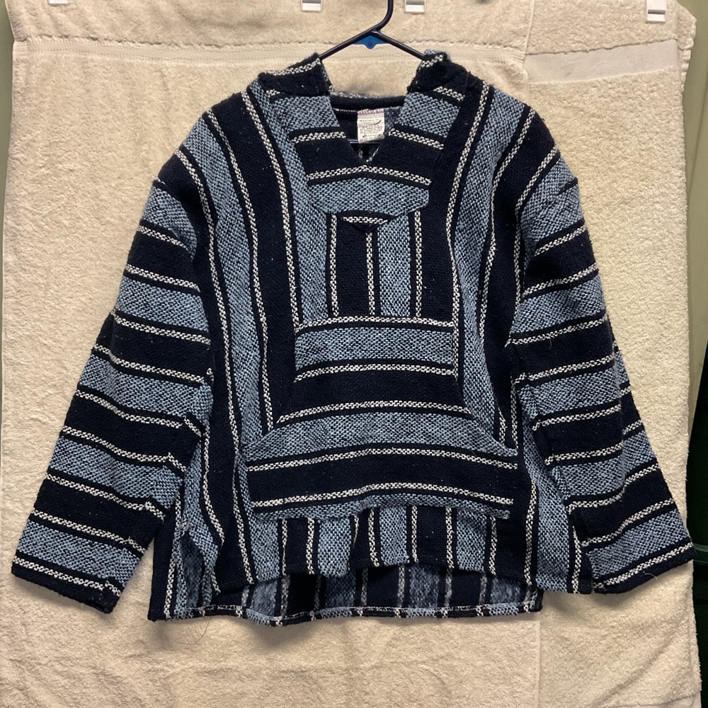 Vintage Frank’s Textiles Baja Hoodie Striped Pullover Blue/Black Size M